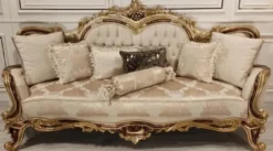 Casa Padrino Luxus Barock Sofa Cremefarben / Braun / Gold - Prunkvolles Wohnzimmer Sofa mit elegantem Muster - Barock Möbel - Edel & Prunkvoll