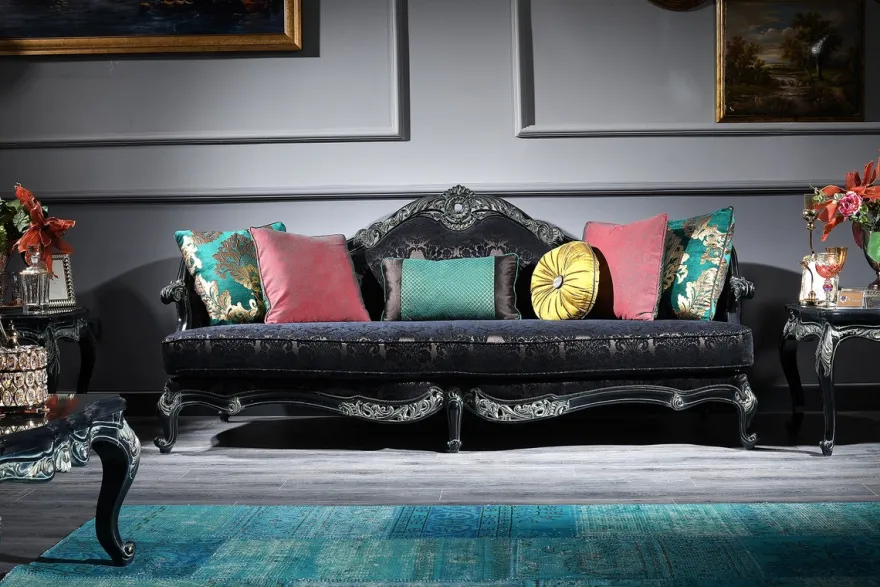 Casa Padrino Luxus Barock Sofa Schwarz / Grün / Gold 240 x 88 x H. 105 cm - Wohnzimmermöbel im Barockstil