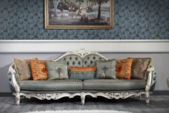 Casa Padrino Luxus Barock Sofa Dunkeltürkis / Gold / Silber 310 x 99 x H. 113 cm - Prunkvolles Chesterfield Wohnzimmer Sofa im Barockstil