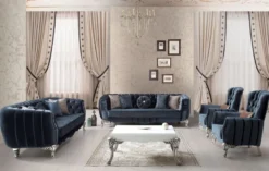 Casa Padrino Luxus Barock Sofa Blau / Silber 235 x 103 x H. 82 cm - Barockstil Wohnzimmer Sofa mit dekorativen Kissen - Barock Wohnzimmer Möbel