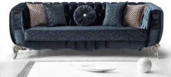 Casa Padrino Luxus Barock Sofa Blau / Silber 235 x 103 x H. 82 cm - Barockstil Wohnzimmer Sofa mit dekorativen Kissen - Barock Wohnzimmer Möbel