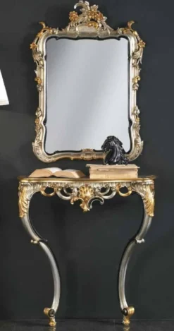 Casa Padrino Luxus Barock Spiegelkonsole Silber / Gold - Prunkvolle Barock Konsole mit Wandspiegel - Barock Hotel & Schloß Möbel - Luxus Qualität - Made in Italy