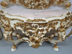 Casa Padrino Luxus Barock Spiegelkonsole Creme / Gold - Prunkvoller Massivholz Konsolentisch mit Marmorplatte und Wandspiegel - Barock Möbel