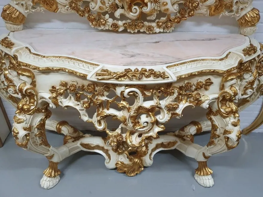 Casa Padrino Luxus Barock Spiegelkonsole Creme / Gold - Prunkvoller Massivholz Konsolentisch mit Marmorplatte und Wandspiegel - Barock Möbel
