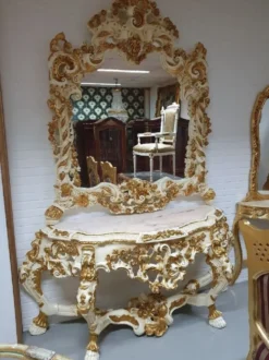 Casa Padrino Luxus Barock Spiegelkonsole Creme / Gold - Prunkvoller Massivholz Konsolentisch mit Marmorplatte und Wandspiegel - Barock Möbel