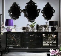 Casa Padrino Luxus Barock Spiegel Set Schwarz - 3 Handgefertigte Wandspiegel im Barockstil - Prunkvolle Barock Möbel