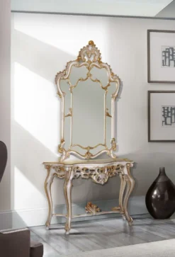 Casa Padrino Luxus Barock Spiegelkonsole Weiß / Antik Gold 125 x 41 x H. 232 cm - Prunkvoller Konsolentisch mit Wandspiegel - Barock Möbel