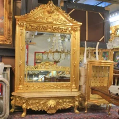 Casa Padrino Luxus Barock Spiegelkonsole Gold Lion mit Marmorplatte - Luxus Wohnzimmer Möbel Konsole mit Spiegel Löwenkopf