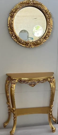 Casa Padrino Luxus Barock Spiegelkonsole - Prunkvolle Barockstil Massivholz Konsole mit rundem Wandspiegel - Garderoben Spiegel im Barockstil - Barock Möbel - Luxus Qualität - Made in Italy