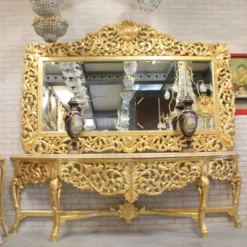 Casa Padrino Luxus Barock Spiegelkonsole Gold - mit Akanthus Schnitzerei - Prunkvoller Konsolentisch mit Wandspiegel - Antik Stil Flur Möbel - Barock Möbel