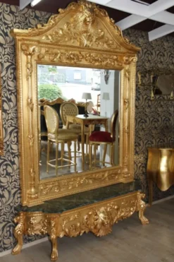 Casa Padrino Luxus Barock Spiegelkonsole Gold Lion, Massivholz Gold mit grünem Marmor, 185 x 45 x 275 cm