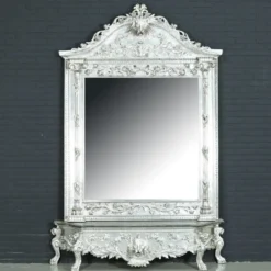 Casa Padrino Luxus Barock Spiegelkonsole Silber 170 x H. 260 cm - mit Löwenkopf - Prunkvoller Konsolentisch mit Wandspiegel - Antik Stil Flur Möbel - Barock Möbel