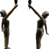 Casa Padrino Luxus Barock Stehleuchten Damen mit Fakeln Bronzefarben / Weiß 65 x 30 x H. 190 cm - Elegante Bronze Deko Skulpturen - Prunkvolle Barock Bronze Leuchten