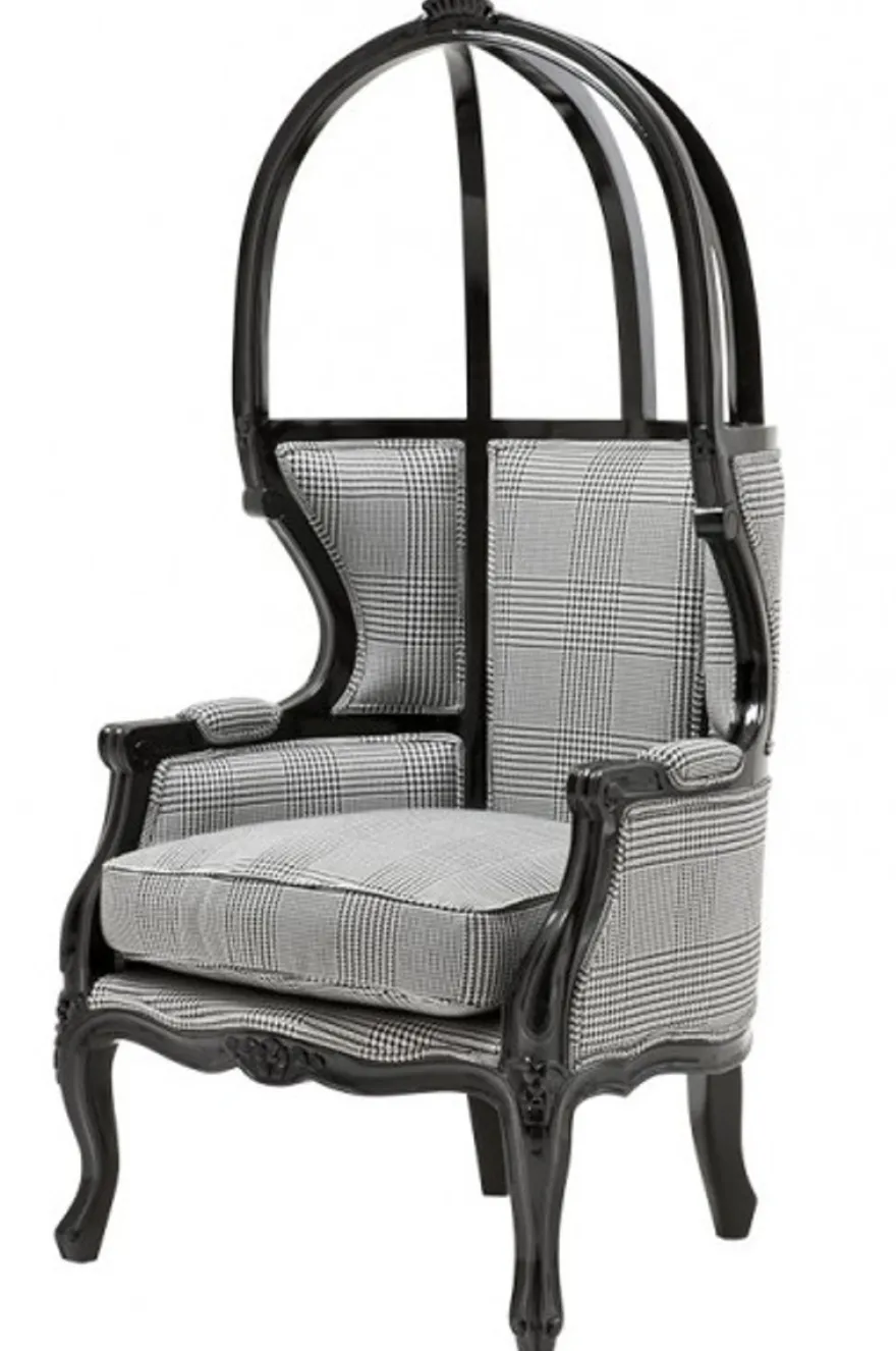 Casa Padrino Luxus Barock Thron Sessel Schwarz / Grau Kariert - Balloon Chair - Barock Stuhl - Breite 72 cm