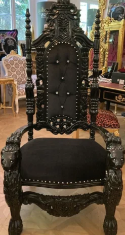Casa Padrino Luxus Barock Thron Sessel Schwarz / Schwarz - Handgefertigter Massivholz Königssessel mit Glitzersteinen - Barock Möbel - Edel & Prunkvoll