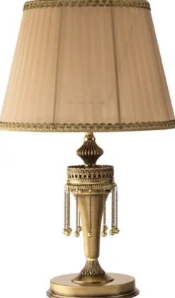 Casa Padrino Luxus Barock Tischleuchte Messing mit Patina / Beige / Gold Ø 30 x H. 50 cm - Runde Messing Schreibtischleuchte mit Lampenschirm - Barock Leuchten