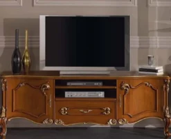 Casa Padrino Luxus Barock TV Schrank Braun / Gold - Handgefertigtes Massivholz Sideboard mit 2 Türen und Schublade - Barock Wohnzimmer Möbel - Luxus Qualität - Made in Italy