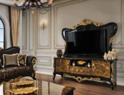 Casa Padrino Luxus Barock TV Schrank Braun / Schwarz / Gold 180 x 50 x H. 190 cm - Prunkvolles Massivholz Sideboard - Barock Wohnzimmer Möbel
