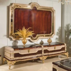 Casa Padrino Luxus Barock TV Schrank mit TV Rückwand Dunkelbraun / Grau / Gold - Barock Möbel