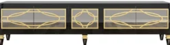 Casa Padrino Luxus Barock TV Schrank Schwarz / Gold 213 x 55 x H. 66 cm - Prunkvoller Fernsehschrank mit 5 verspiegelten Türen - Barock Möbel