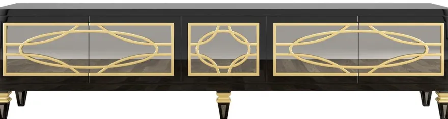 Casa Padrino Luxus Barock TV Schrank Schwarz / Gold 213 x 55 x H. 66 cm - Prunkvoller Fernsehschrank mit 5 verspiegelten Türen - Barock Möbel