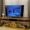 Casa Padrino Luxus Barock TV Schrank Braun / Antik Gold 220 x 50 x H. 70 cm - Prunkvoller Massivholz Fernsehschrank - Barock Wohnzimmer Möbel