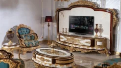 Casa Padrino Luxus Barock TV Schrank Weiß / Braun / Gold - Prunkvolles Wohnzimmer Sideboard mit Rückwand - Barock Wohnzimmer Möbel - Edel & Prunkvoll