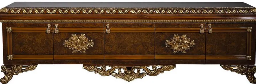 Casa Padrino Luxus Barock TV Schrank Braun / Gold - Prunkvolles Wohnzimmer Sideboard mit 5 Türen - Barock Wohnzimmer Möbel