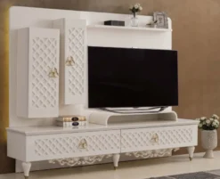 Casa Padrino Luxus Barock TV Schrank Weiß / Gold 225 x 51 x H. 170 cm - Massivholz Schrank - Wohnzimmerschrank - Wohnzimmer Möbel im Barockstil