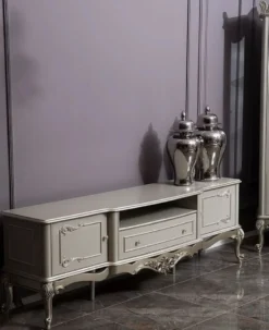 Casa Padrino Luxus Barock TV Schrank Grau / Silber 191 x 44 x H. 63 cm - Prunkvoller Massivholz Fernsehschrank - Barock Wohnzimmer Möbel