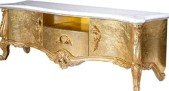 Casa Padrino Luxus Barock TV Schrank Weiß / Gold 176 x 48 x H. 61 cm - Prunkvoller Fernsehschrank mit 2 Türen und Schublade - Barock Wohnzimmer Möbel