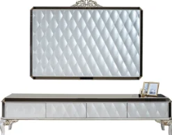Casa Padrino Luxus Barock TV Schrank Weiß / Gold / Schwarz 235 x 52 x H. 54 cm - Edles Massivholz Lowboard mit TV Wand - Wohnzimmerschrank - Wohnzimmer Möbel im Barockstil