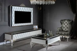 Casa Padrino Luxus Barock TV Schrank Weiß / Gold / Schwarz 235 x 52 x H. 54 cm - Edles Massivholz Lowboard mit TV Wand - Wohnzimmerschrank - Wohnzimmer Möbel im Barockstil
