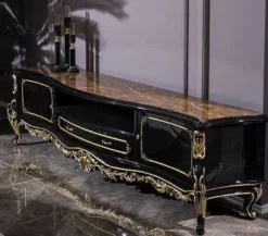 Casa Padrino Luxus Barock TV Schrank Schwarz / Gold 228 x 48 x H. 61 cm - Prunkvoller Massivholz Fernsehschrank - Barock Wohnzimmer Möbel