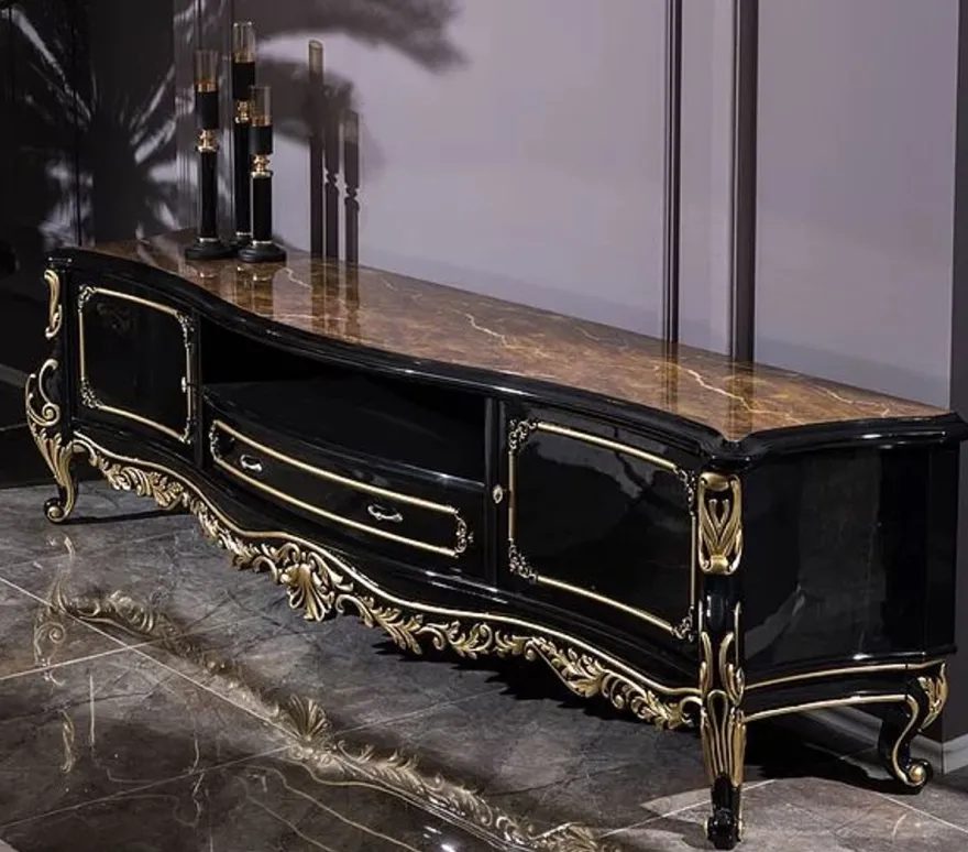 Casa Padrino Luxus Barock TV Schrank Schwarz / Gold 228 x 48 x H. 61 cm - Prunkvoller Massivholz Fernsehschrank - Barock Wohnzimmer Möbel