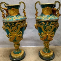 Casa Padrino Luxus Barock Vasen Set Mehrfarbig / Gold / Schwarz 81 x 41 x H. 43 cm - Prunkvolle Bronze Vasen mit Marmorsockel - Barock Deko Accessoires