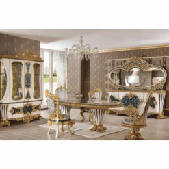 Casa Padrino Luxus Barock Vitrine Weiß / Blau / Gold 180 x H. 245 cm - Prunkvoller Massivholz Vitrinenschrank - Barock Möbel