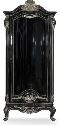 Casa Padrino Luxus Barock Vitrine Schwarz / Silber - Prunkvoller Massivholz Vitrinenschrank mit Glastür - Handgefertigte Barock Möbel - Edel & Prunkvoll
