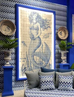 Casa Padrino Luxus Barock Wandgemälde Meerjungfrau Creme / Blau H. 280 cm - Barock Wanddeko