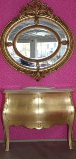 Casa Padrino Luxus Barock Waschtisch mit cremfarbiger Marmorplatte und rundem Spiegel Gold, 124x54x92 cm