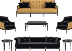 Casa Padrino Luxus Barock Wohnzimmer Set Gold / Schwarz / Antik Gold - 2 Sofas & 2 Sessel & 1 Couchtisch & 2 Beistelltische - Wohnzimmermöbel im Barockstil - Edle Barock Möbel