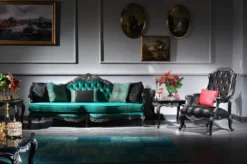 Casa Padrino Luxus Barock Wohnzimmer Set Grün / Schwarz / Gold - 2 Sofas & 2 Sessel & 1 Couchtisch & 2 Beistelltische - Prunkvolle Barock Möbel - Luxus Qualität