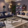 Casa Padrino Luxus Barock Wohnzimmer Sofa mit dekorativen Kissen Blau / Silber 212 x 80 x H. 98 cm - Prunkvolle Barock Möbel