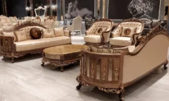 Casa Padrino Luxus Barock Wohnzimmer Set Gold / Braun / Gold - 2 Barock Sofas & 2 Barock Sessel & 1 Barock Couchtisch - Luxus Wohnzimmer Möbel im Barockstil - Barock Möbel - Edel & Prunkvoll