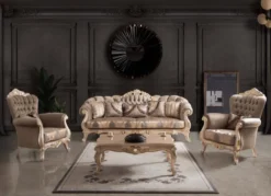 Casa Padrino Luxus Barock Wohnzimmer Set Taupe / Bronze / Gold - 2 Sofas & 2 Sessel & 1 Couchtisch - Wohnzimmer Möbel im Barockstil - Edel & Prunkvoll