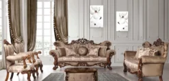 Casa Padrino Luxus Barock Wohnzimmer Set Grau / Braun / Gold - 2 Barock Sofas mit Muster & 2 Barock Sessel mit Muster & 1 Barock Couchtisch - Barock Wohnzimmer Möbel