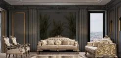 Casa Padrino Luxus Barock Wohnzimmer Set Grau / Beige / Silber / Gold - 2 Barock Sofas mit Muster & 2 Barock Sessel mit Muster & 1 Barock Couchtisch - Barock Wohnzimmer Möbel