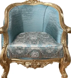 Casa Padrino Luxus Barock Wohnzimmer Sessel Türkis Muster / Gold - Handgefertigter Barockstil Sessel mit elegantem Muster - Wohnzimmer Möbel im Barockstil - Barock Möbel - Edel & Prunkvoll