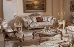 Casa Padrino Luxus Barock Wohnzimmer Set Grau / Kupfer / Silber - 2 Barock Sofas & 2 Barock Sessel & 1 Barock Couchtisch - Luxus Wohnzimmer Möbel im Barockstil - Barock Möbel - Barock Einrichtung