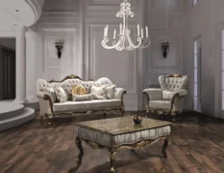Casa Padrino Luxus Barock Wohnzimmer Set Silbergrau / Braun / Gold - 2 Sofas & 2 Sessel & 1 Couchtisch - Wohnzimmer Möbel - Edel & Prunkvoll